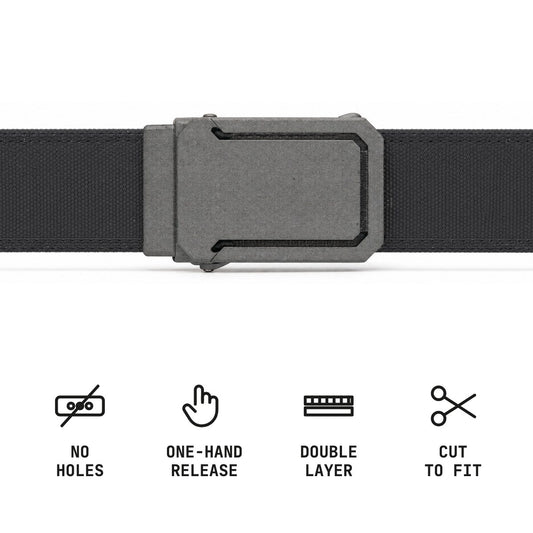 Ironsworth ratchet belt: no holes, one-hand release, double layer, cut to fit