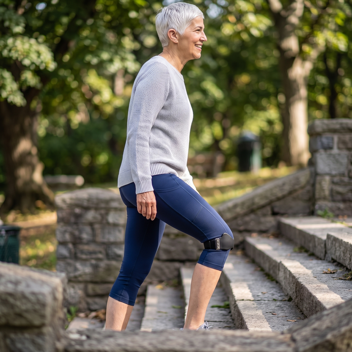 Woman climbing stone steps wearing the knee strap